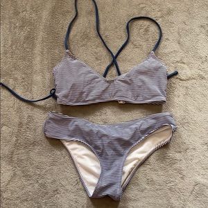 Blue and white striped bikini, size M.